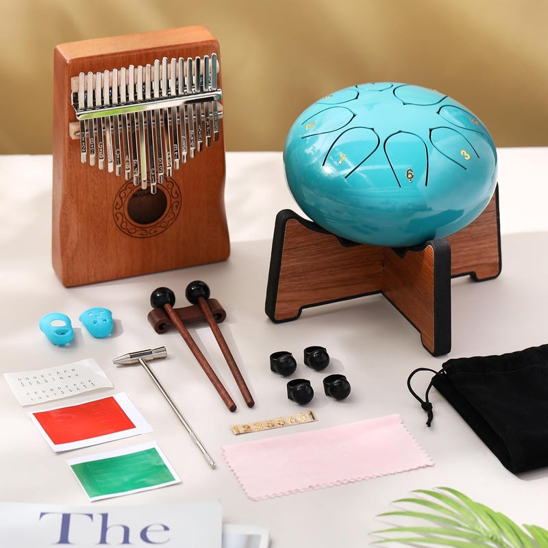 Resholder Rain Drum for Outside Garden Thumb Piano Kalimba Musical Instruments Set 8 Notes 6 Inches Steel Tongue Drum 17 Keys Finger Piano for Adult Beginners Gift for Christmas(Moss Blue) - Image 2